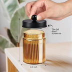 Amolliar Bronze Glass Apothecary Jar, Qtip Holder Metal Lid & Stickers, Bathroom Qtip Dispenser Storage Canister, Perfect for