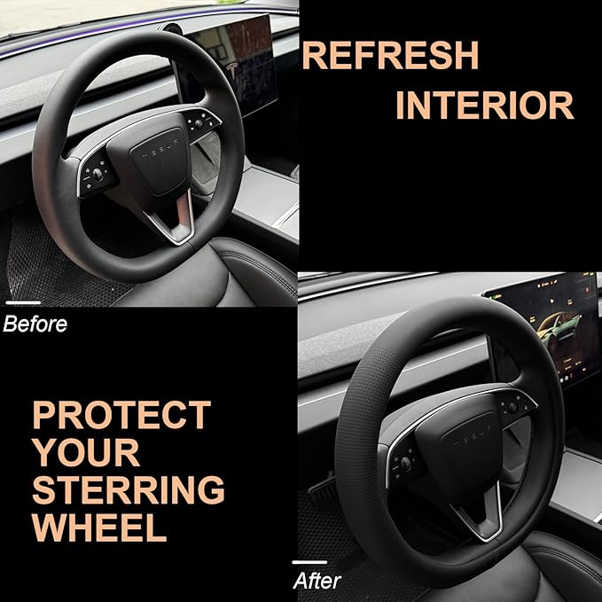 PINCTROT Nappa Leather Steering Wheel Cover for Tesla Model Y/3 Highland/Juniper, D Shaped 14 Inch Small Sized with Breathabl