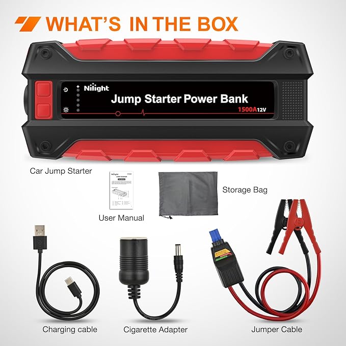 Nilight 1500A Car Battery Jump Starter for Up to 7.0L Gas & 5.5L Diesel Engines 12V Portable Jump Start Booster Pack Jump Box with Jumper Cables DC Output and LED Light