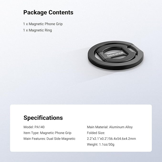 NEEWER Magnetic Phone Grip, Dual Side Magnet Cell Phone Ring Holder Stand Foldable Kickstand Portable Compatible with MagSafe iPhone Samsung Android for Car Mount Workout Gym Video Recording, PA140