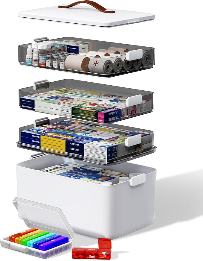 4-Tier Medicine Cabinet Organizer with Leather Handle, Empty Plastic First Aid Kit, Multipurpose Storage Box with A Portable 