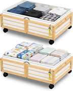 Under Bed Storage Containers with Wheels, Larger Bamboo Wood Under Furniture Storage Containers with Dust Bags，Rolling for Sh