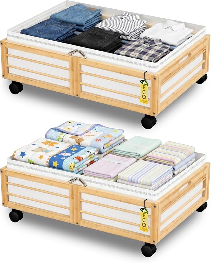 Under Bed Storage Containers with Wheels, Larger Bamboo Wood Under Furniture Storage Containers with Dust Bags，Rolling for Sh