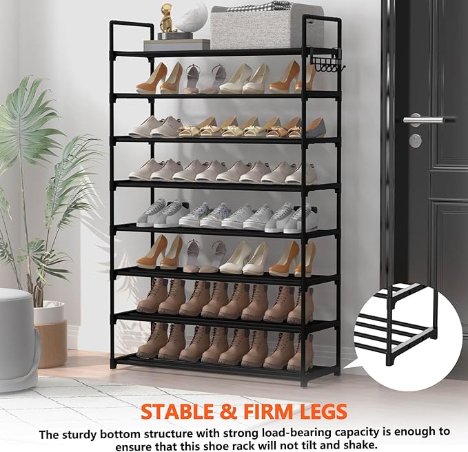 Hsscblet 8 Tiers Metal Shoe Rack,Adjustable Shoe Shelf Storage Organizer with Hooks,Stackable Boot & Shoe Storage,for Entrywa