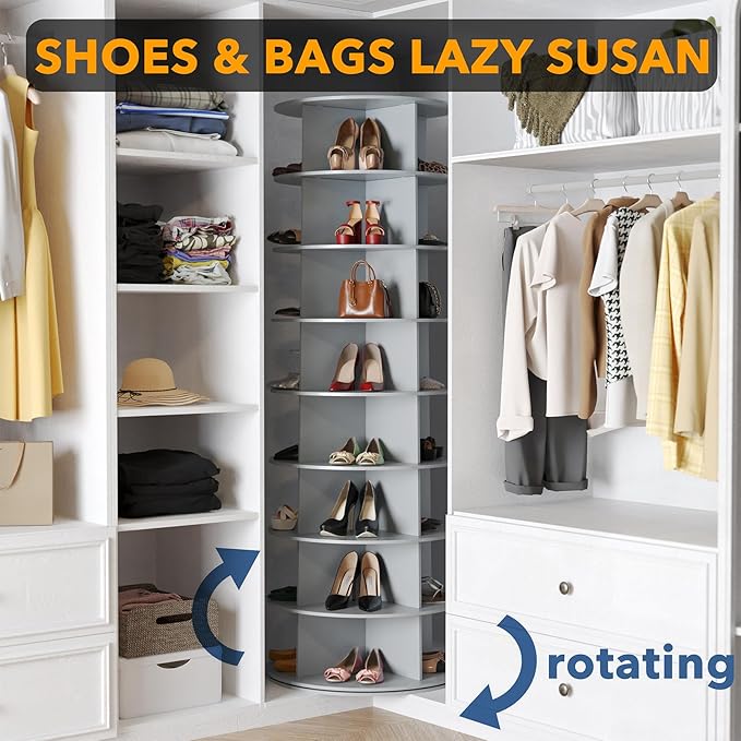 SpaceAid 8 Tier Rotating Shoe Rack Tower, Spinning Shoe Display Lazy Susan, Revolving 360 Shoe Rack Storage Round Carousel, V