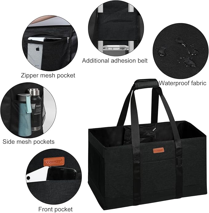 WONDAY Large Utility Tote Bag, Reusable Grocery Bags Collapsible Tote, Large Tote Bag With Handles Utility Tote Shopping Bags for Groceries, Storage, Picnic, Beach, Pool (Black)