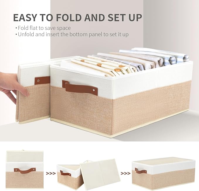 Closet Organizer Bins 3 Pack, Large Storage Bins for Shelves, Foldable Closet Storage Boxes Baskets with Leather Handles for 