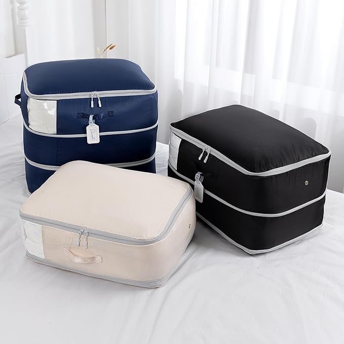 Comforter Storage Bag - Large Capacity Blanket Storage Bags 3-Layer Ultra Space Saving Self Compression Organizer, Washable C