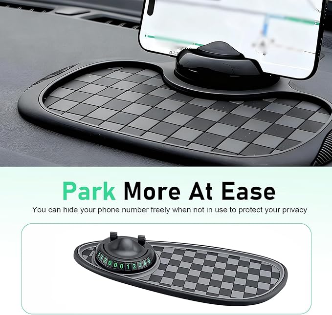 Multifunction Car Anti-Slip Mat, Storage Pad & Rotatable Phone Holder & Parking Number Plate, 9.2" x 7" Organizer Pad for Pho