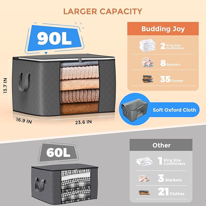 90 L Large Storage Bags, 6 Pack Clothes Storage Bins Foldable Closet Organizers Storage Containers with Reinforced Handle for