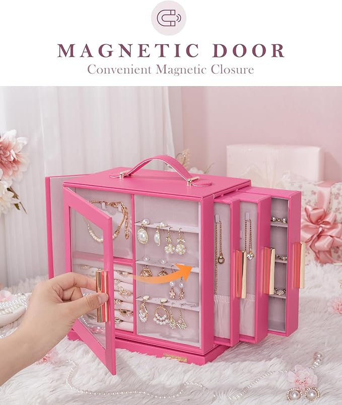 Homde Jewelry Box 360° Rotating, Necklace Earring Organizer with Transparent Window, Mirror, 7 Drawers, Large Ring Display St