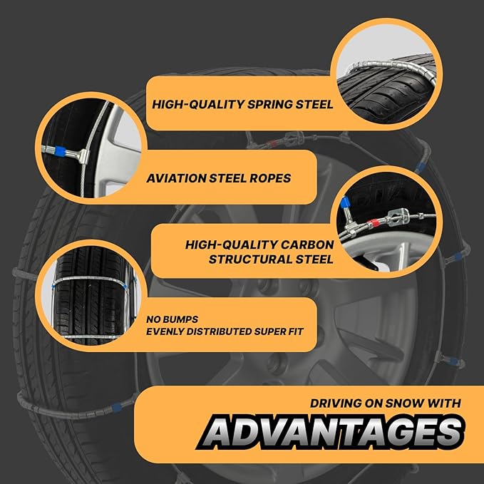 Snow Chains for Car Tires, Tire Chains for Passenger Cars, Sedan, SUVs, Quick Fit & Easy Installation, Portable Reusable Emer