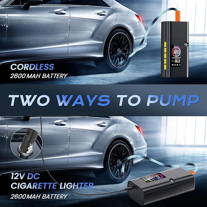 180psi Tire Inflator Portable Air Compressor,26000mah Air Pump For Car Tires,5x Fast Bicycle Pump With Digital Lcd Pressure Gauge/Led Light/Power Bank, Bike, Motorcycle（Black)