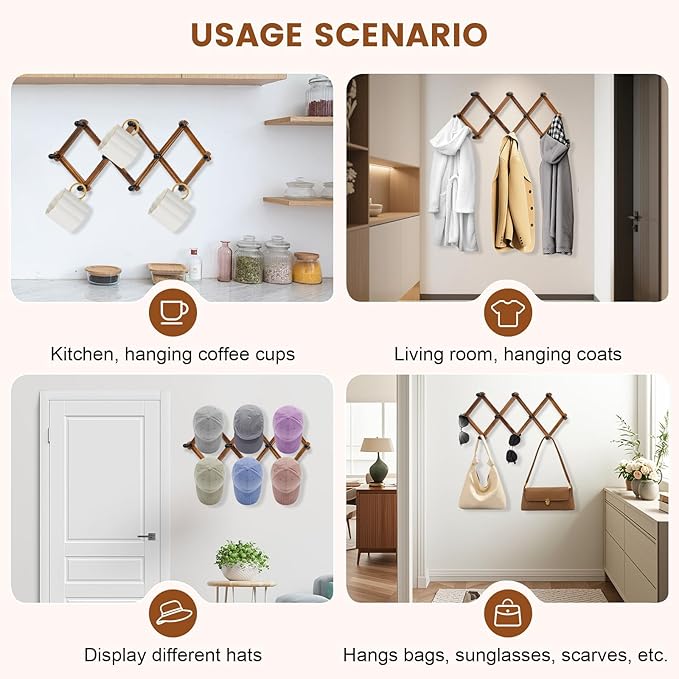 Accordion Wall Hanger, Wood Expandable Wall Mounted Hanger with 10 Hooks for Coats,Hats,Coffee Mug Ect,1 Pack Included,10 Peg