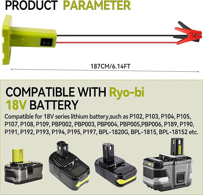 Jumper Cables Adapter Compatible with Ryobi 18V Battery, 12AWG 5.9FT Portable Battery Jump Starter Automotive Booster Cables Power for Car Jump Starting Using Tool