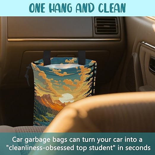 Car Garbage Bag Mountain Lake and Sunrise Drawstring Car Trash Bag Hanging for Back Seat with Adjustable Buckle Canvas Vehicle Trash Can Easy-to-Install