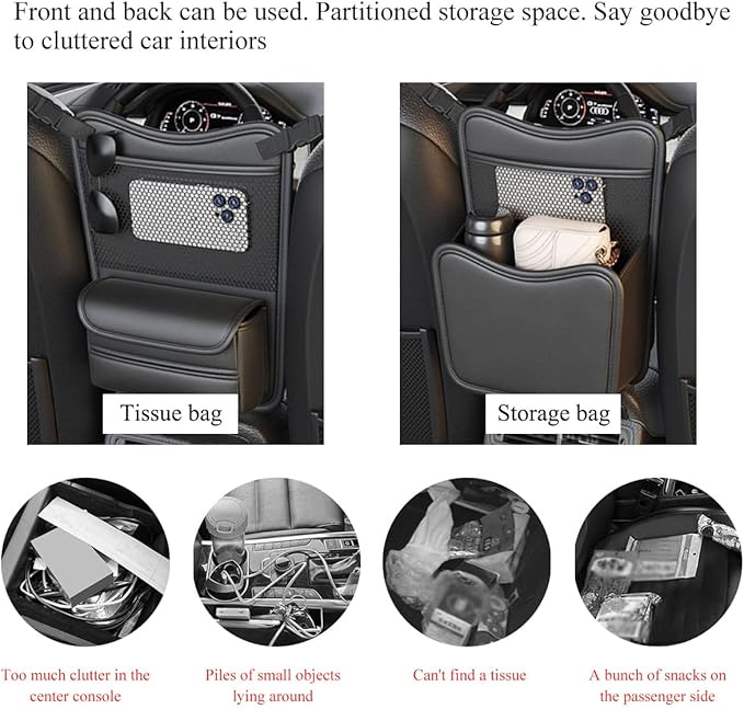 Car Organizer Storage Between Seats, Leather Large Capacity Automobile Handbag Hanging Store Content Bag, Auto Console Organizer Holder for Snack Phone Document Storages, Car Accessories (Black)
