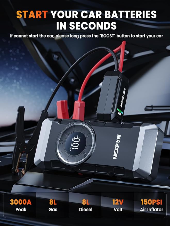 NEXPOW Car Battery Jump Starter with Air Compressor 3000A Peak,12V 150PSI Portable Jumpstart Box for Up to 8L Gas and 8L