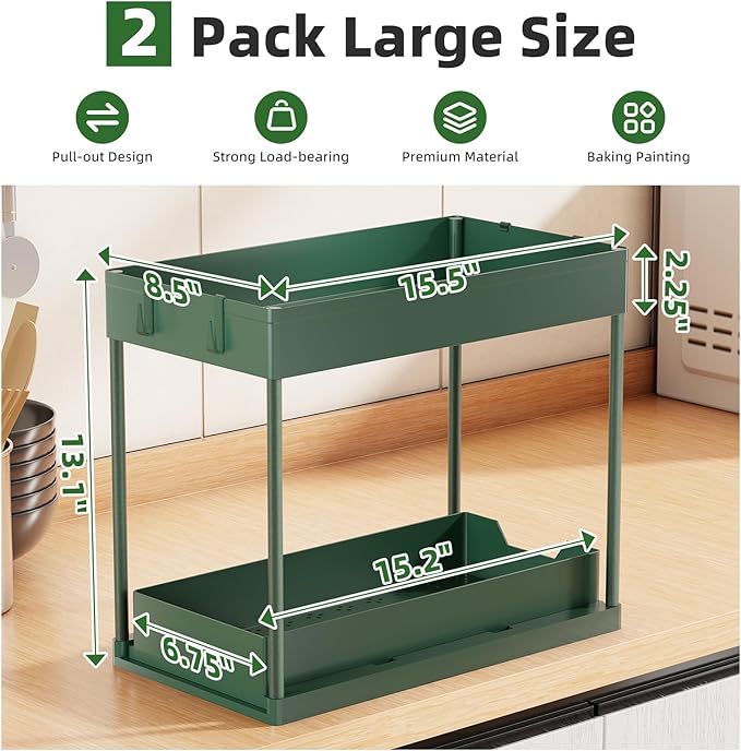 Simple Trending Under Sink Organizer 2 Pack, Sink Pull-Out Sliding Storage Cabinet, 2-Tier Under Shelf Organizer for Kitchen 