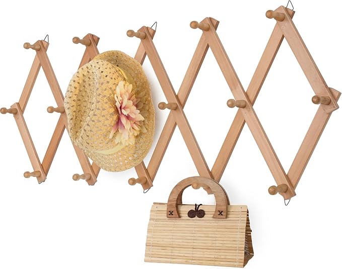 SCUNDA Wall Rack with 16 Hooks, Wooden Wall Expandable Coat Rack for Coat, Hats, Baseball Caps, Coffee Mug, Jewelry(Natural)