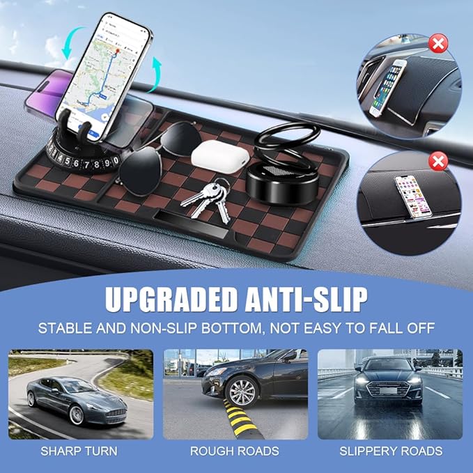 Car Anti Slip Mat Dashboard Tray Decorations Sticky Pad Thicken Washable with 360° Rotating Universal Phone Pad Holder+Number