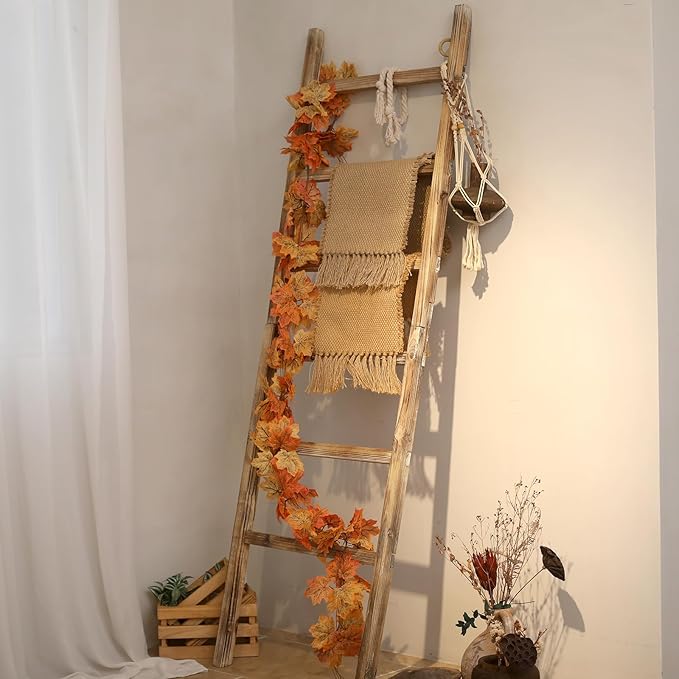 FUIN 6.4ft Extra Wide Wooden Blanket Ladder Living Room Decorative Wal Leaning Farmhouse Quilt Display Holder Rustic Wood Tow