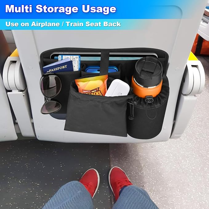 Airplane Seat Back Organizer, Flight Travel Organizer with 3 Metal Clips for Seat Back, Foldable Seatback Hanging Pocket with Storage Bag for Tablet, Passport, Phone, Water Bottle
