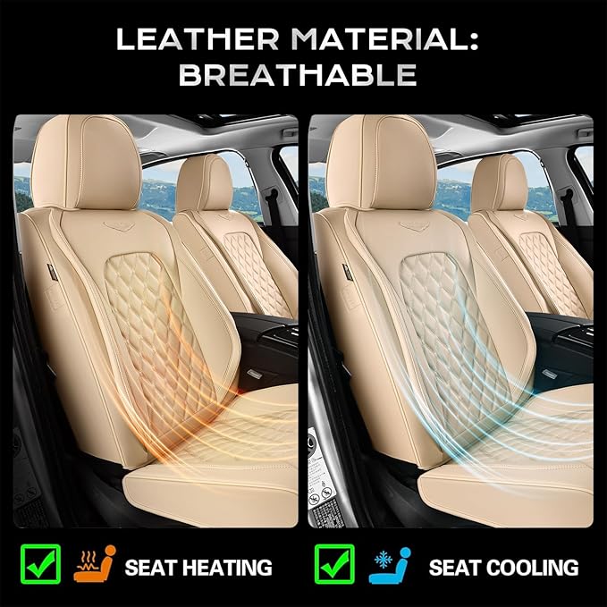 Coverado Full Set Leather Car Seat Covers, Waterproof Faux Leather Seat Covers, Beige Car Seat Protectors, 5 Seats, Universal