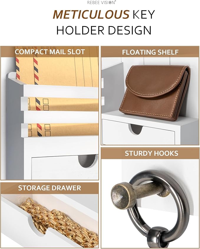 Rebee Vision Decorative Key Holder Wall Mount for Home Decor - Mail Holder with 2 Drawer Organizer and 6 Key Hooks - Home Org