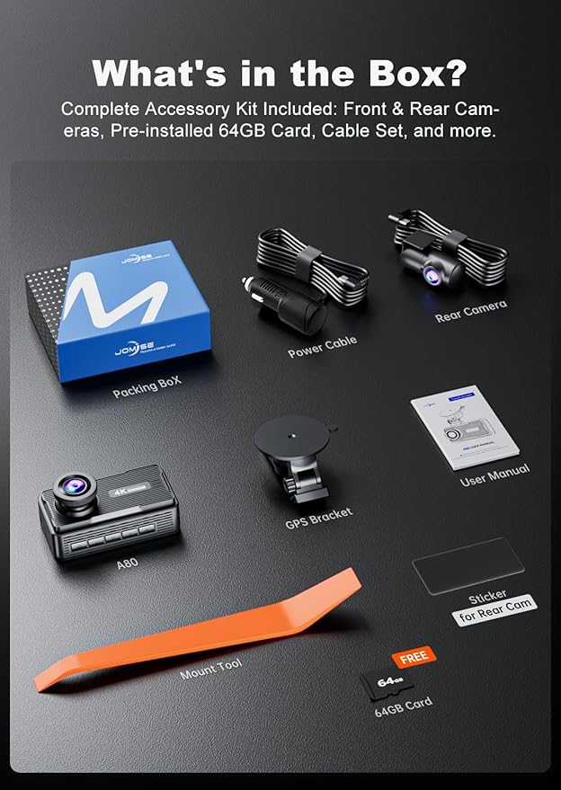 JOMISE 4K Dash Cam Front and Rear with 5Ghz WiFi GPS, Dual Dashcam with 64GB Card, 3" Screen, Night Vision, 24H Parking Mode 