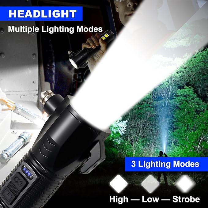 Black Emergency Car Flashlight - 2000 Lumen Dual Light 4-Level Battery Indicator Window Breaker & Seatbelt Cutter USB Recharg