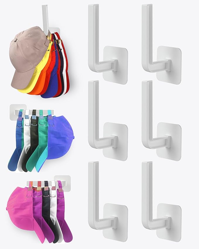 Hat Rack for Hat Storage (6-Pack), Multi-Purpose Hat Organizer, Strong Adhesive Hat Hooks for Wall Hat Organizer for Baseball