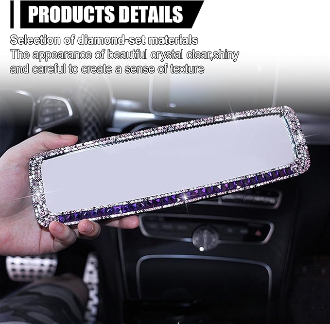 ZIMISI Bling Car Rear View Mirror, 10.51 Inch HD Glass Wide Angle Rearview Mirrors, Clip-on Crystal Diamond Panoramic Rear View Mirror Accessories, Bling Car Decorations for Women (Purple)