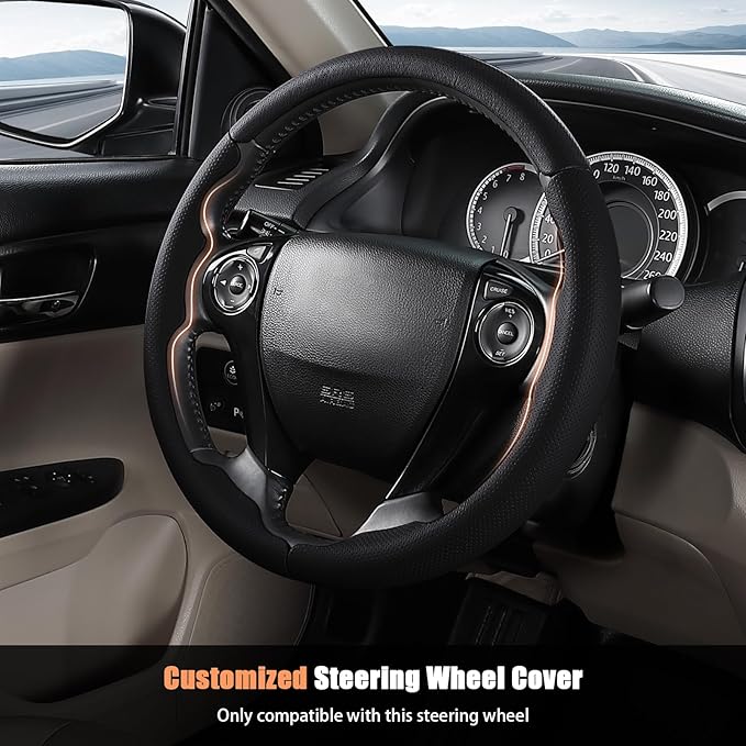 Aimato Customized Steering Wheel Cover for Honda Accord 2013-2017/Pilot 2016-2018/Crosstour 2013-2015, Thin,Anti-Slip,Scratch-Resistant Exclusive Car Accessory for Honda,Nappa Black