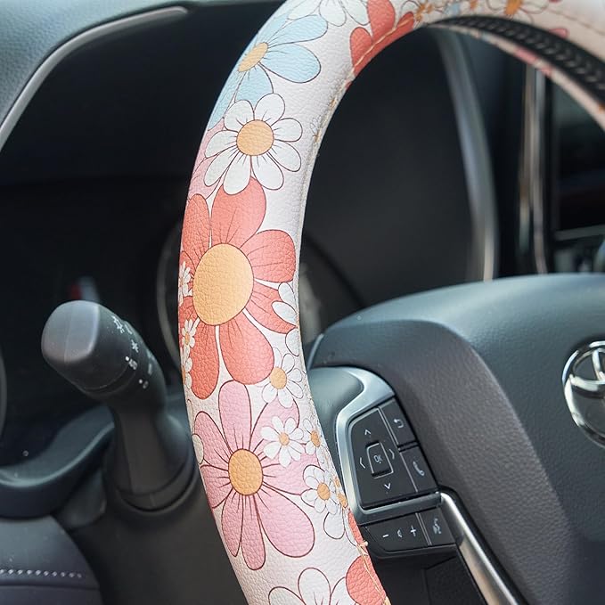 Retro Floral Daisy Colorful Flowers Car Leather Steering Wheel Cover - 15-inch Universal Microfiber- Soft & Breathable & Sili
