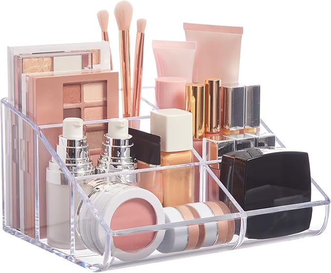 STORi Clear Plastic Vanity Makeup Organizer | 6-Compartment Holder for Brushes, Eyeshadow Palettes, & Beauty Supplies | Curve