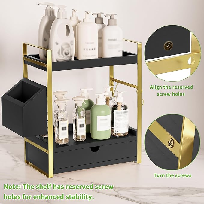 2-Tier Bathroom Counter Organizer with Drawer and Basket, Wood Countertop Organizer for Storage, Skincare Organizers for Vani