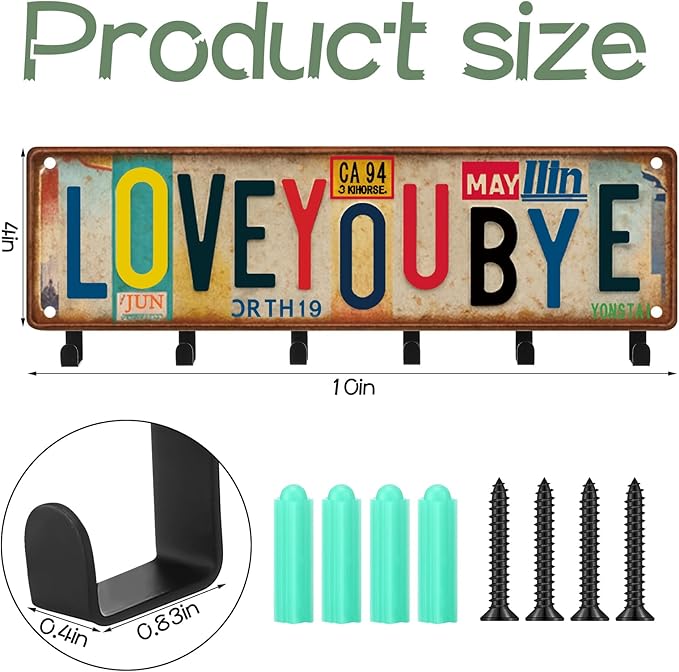 Key Holder Wall Mount Love You Bye Key Holder Hook Rack Organizer Hanger with 6 Hooks for Wall Express Love Art Sign Decor fo