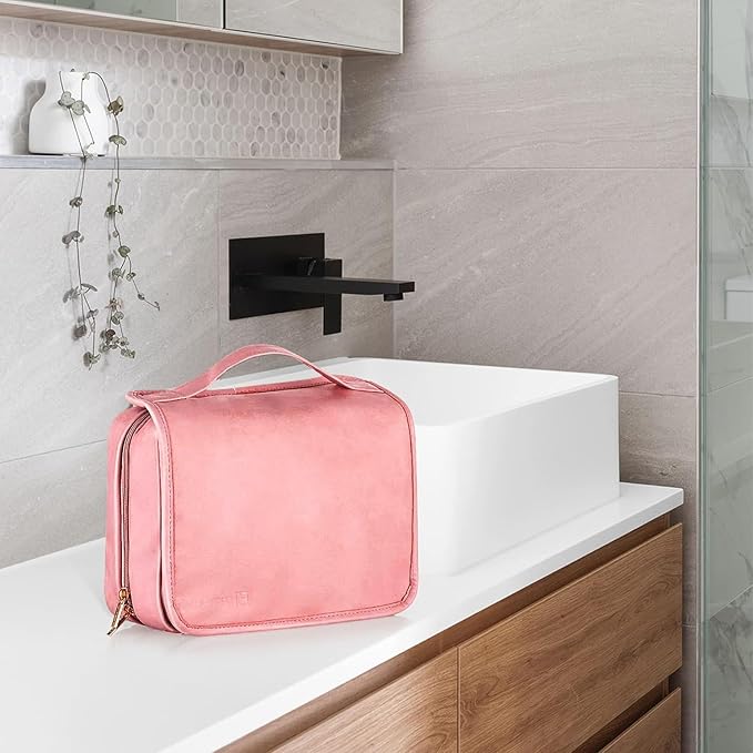Elviros Hanging Travel Toiletry Bag for Women, 3-in-1 Large Makeup Bag and Cosmetic Organizer, Vegan Leather Waterproof Skinc