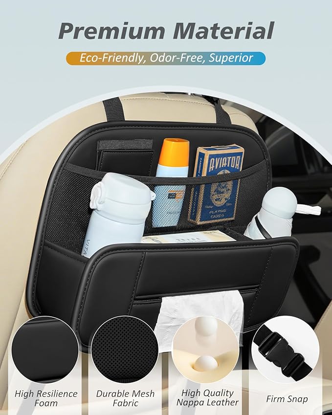 FLORICH Hanging Car Backseat Organizer, 5-in-1 Premium Leather Headrest Seat Back Storage with Cup Holder, Foldable Hanging Car Tissue Holder 2 Pack