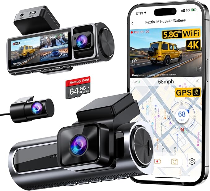 4K 3 Channel Dash Cam Front and Rear Inside, Built-in 5.8GHz WiFi GPS, 64GB Card Included, 4K+1080P+1080P Dash Camera for Car