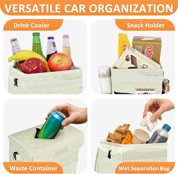 White Car Trash Can Cute, White Car Accessories for Women Waterproof Automotive Garbage Cans Leak Proof Vehicle Trash Can Diamond Pattern-Beige