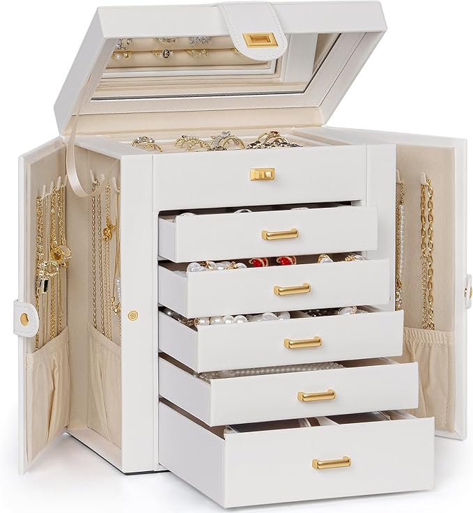 AKOZLIN 6-Tier Jewelry Box Organizer Functional 5 Drawers Leather Jewelry Storage Case for Women Girls Ring Necklace Earring 