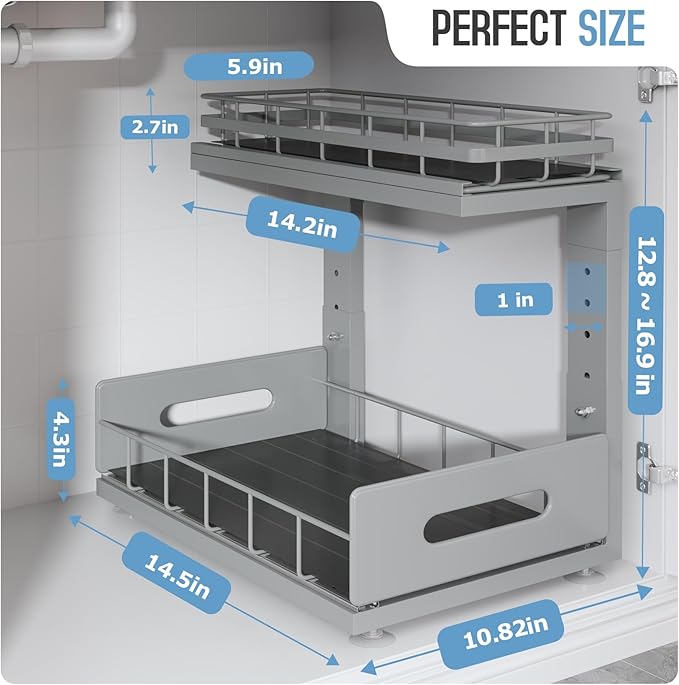 Under Sink Organizer Upgrade To Professional Rails,2-Tier Dual Pull Out Cabinet Storage,Height Adjustable Slide Out Drawers F