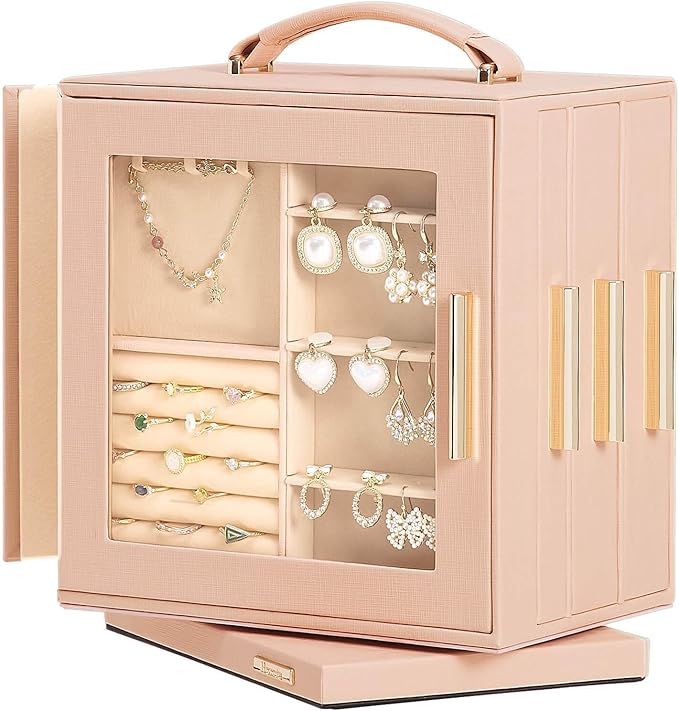 Homde Jewelry Box 360° Rotating, Necklace Earring Organizer with Transparent Window, Mirror, 7 Drawers, Large Ring Display St