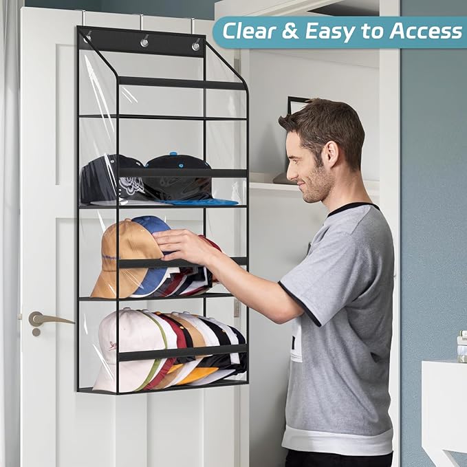 AOODA Clear Over the Door Hat Racks for Baseball Caps, Hold 48 Caps Hat Storage Organizer for Closet Wall, Deep Pockets Hangi
