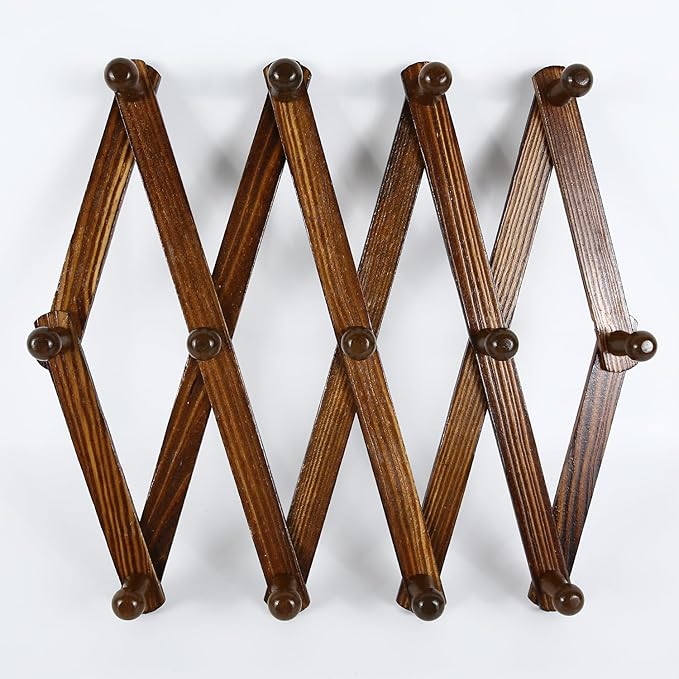 AMAPON Accordion Style Expandable Wall Wooden Coat Rack 13 Hooks (Pegs) Hang Hats Jackets Coffee Mug Purses Necklaces Towels 