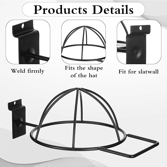 6 Pcs Metal Hat Display and Holder, Wall Mounted Slatwall Rack Organizer for Baseball Caps, Beanies, Wigs, for Home and Retai