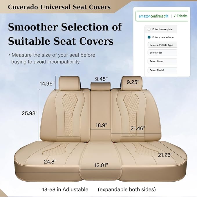 Coverado Automotive Seat Covers, Back Car Seat Cover, Rear Seat Cover, 3-Pieces Luxury Car Seat Cushion, Beige Seat Cover Sea