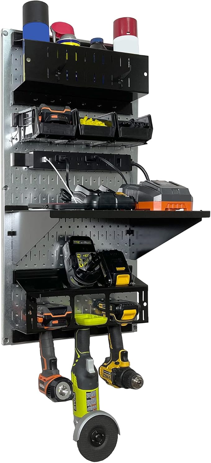 Wall Control Power Tool Storage Organizer Kit Cordless Drill Holder Charging Station Rack 16” x 32” Metal Pegboard Organizati